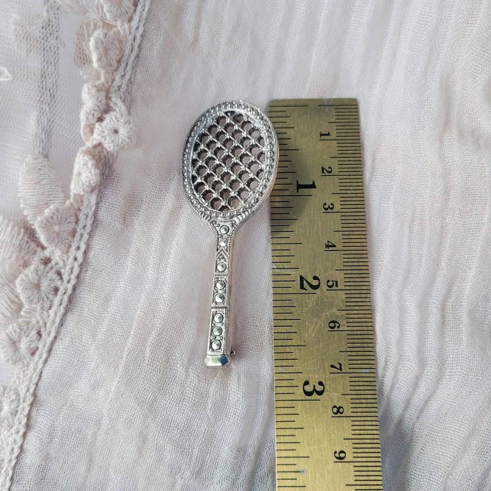 Vintage 1928 Brand Tennis Racket Brooch Silver Marcasite 1990s Novelty‎ Pin